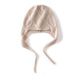 Diamond Knit Pure Cashmere Beanie Cashmere Bonnet Hat with Ties