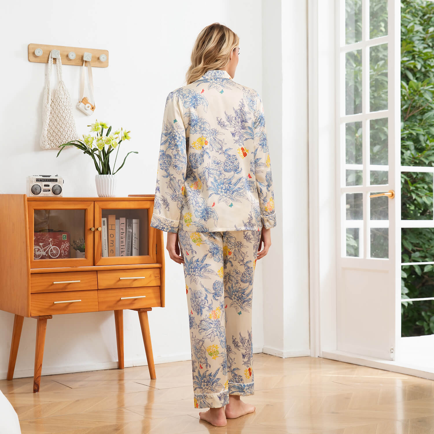 Floral Print Silk Pajama Set Button Down Silk Pajamas for Women Sleepwear Silk Set