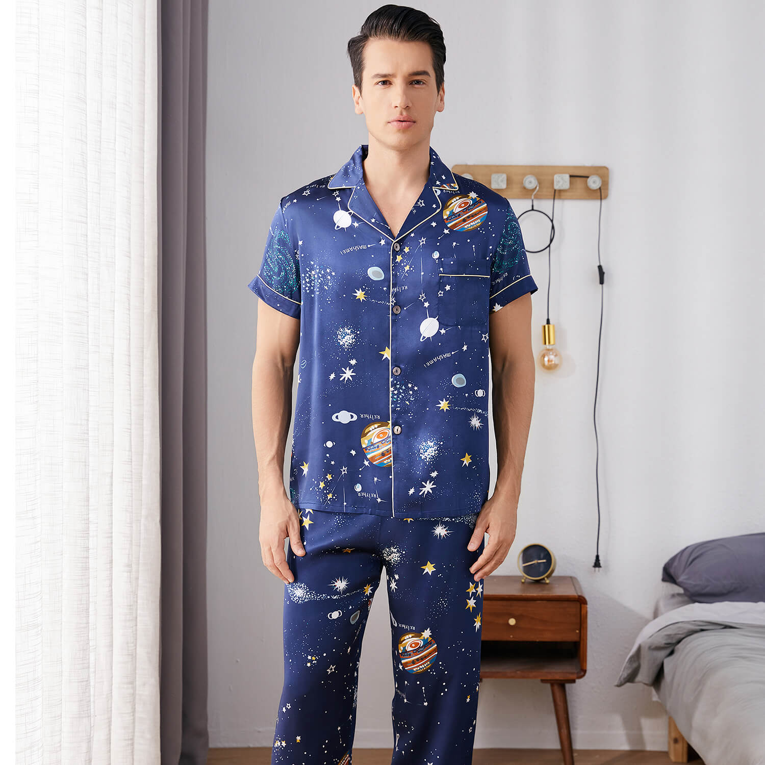 Galaxy Printed Silk Pajama Set For Mens Luxury Silk Nightwear