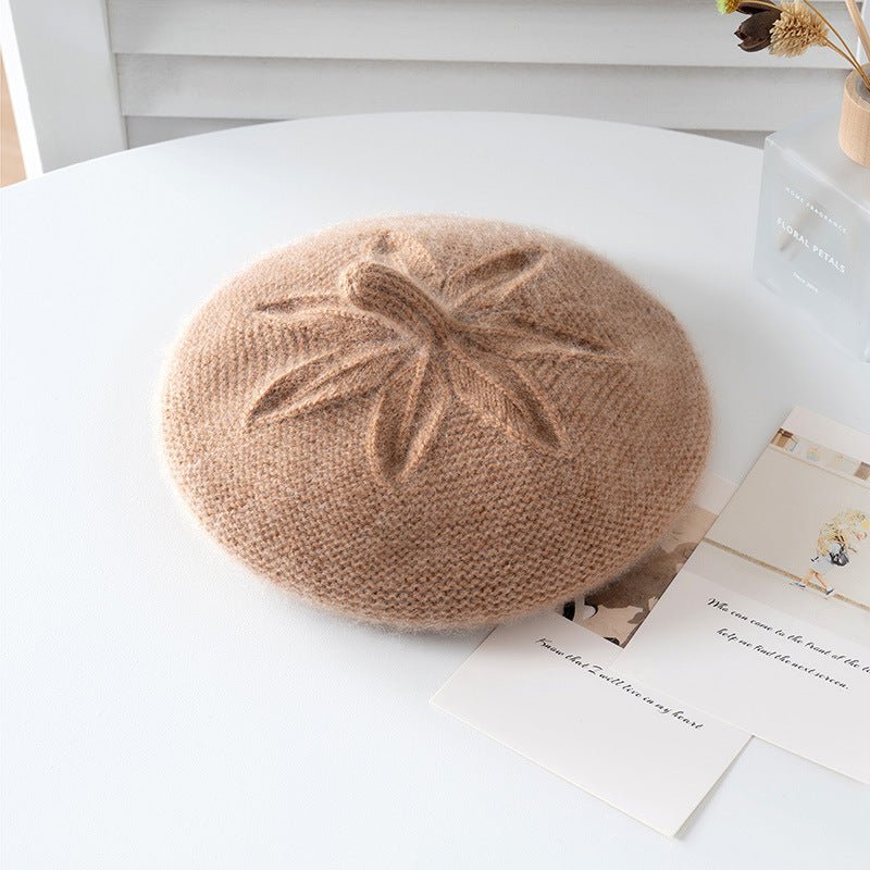Girls Floral Knit Cashmere Beret Soft Winter Cashmere Hat for Kids Camel S