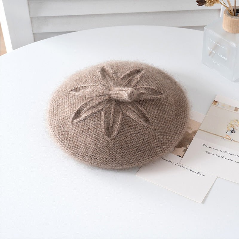 Girls Floral Knit Cashmere Beret Soft Winter Cashmere Hat for Kids Taupe S