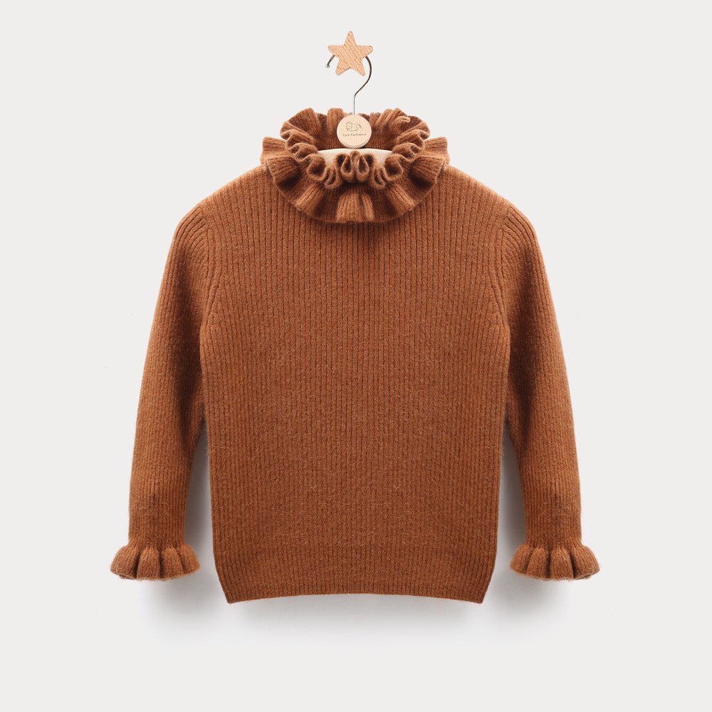 Girls Ruffle Neck Cashmere Sweater Ribbed Knit Pullover Flared Cuffs Brown 100