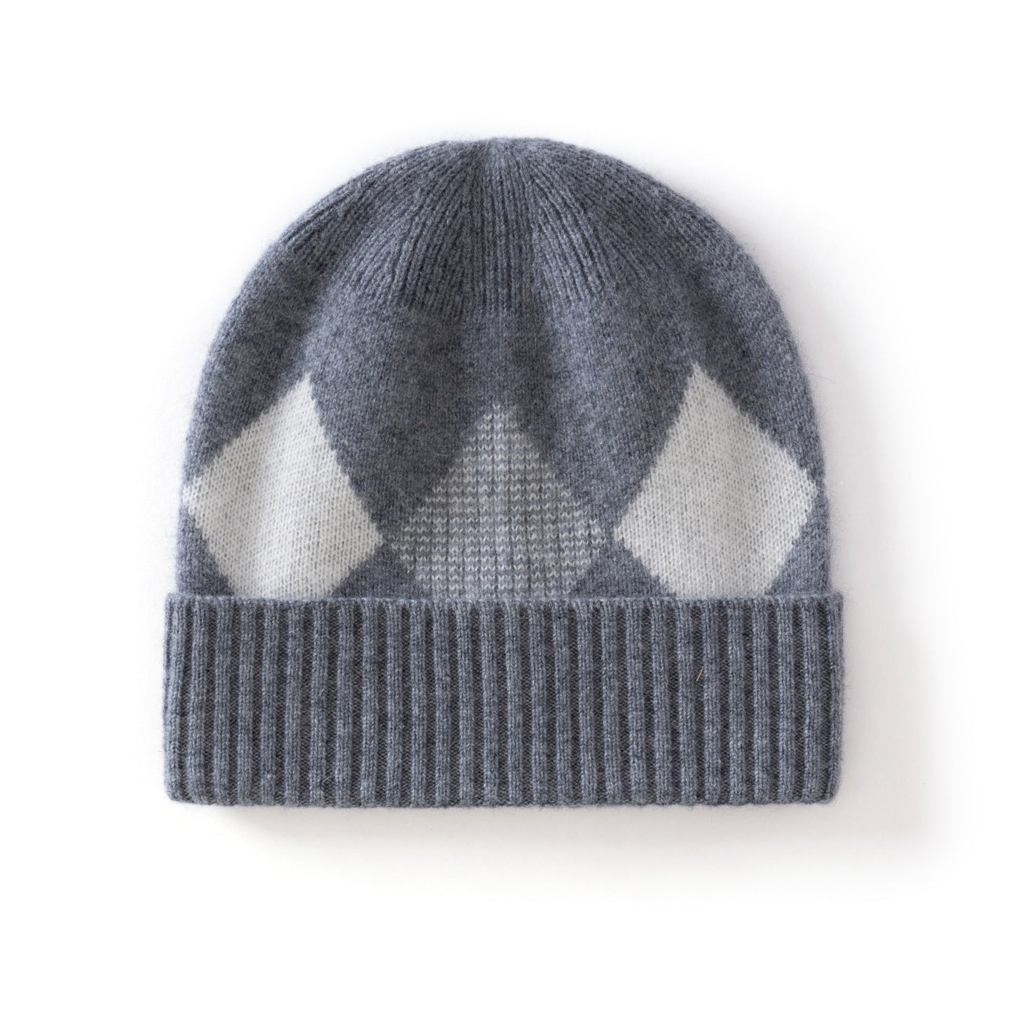 Kids Argyle Cashmere Beanie Hat Ribbed Edge Cashmere Beanie with Diamond Pattern