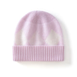 Kids Argyle Cashmere Beanie Hat Ribbed Edge Cashmere Beanie with Diamond Pattern