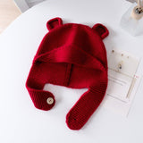 Kids Cashmere Knit Hat with Button Strap Bear Ear Cashmere Beanie