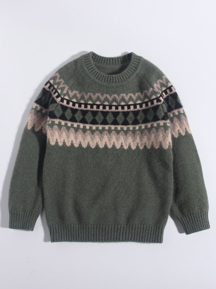 Kids Cashmere Sweater Nordic Fair Isle Pattern Crew Neck Cashmere Pullover Green 80