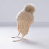 Kids Ribbed Cashmere Hat with Earflaps and Fluffy Pom Cashmere Knit Cap