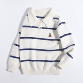 Kids Striped Cashmere Sweater Polo Neck Embroidered Bear Cashmere Pullover