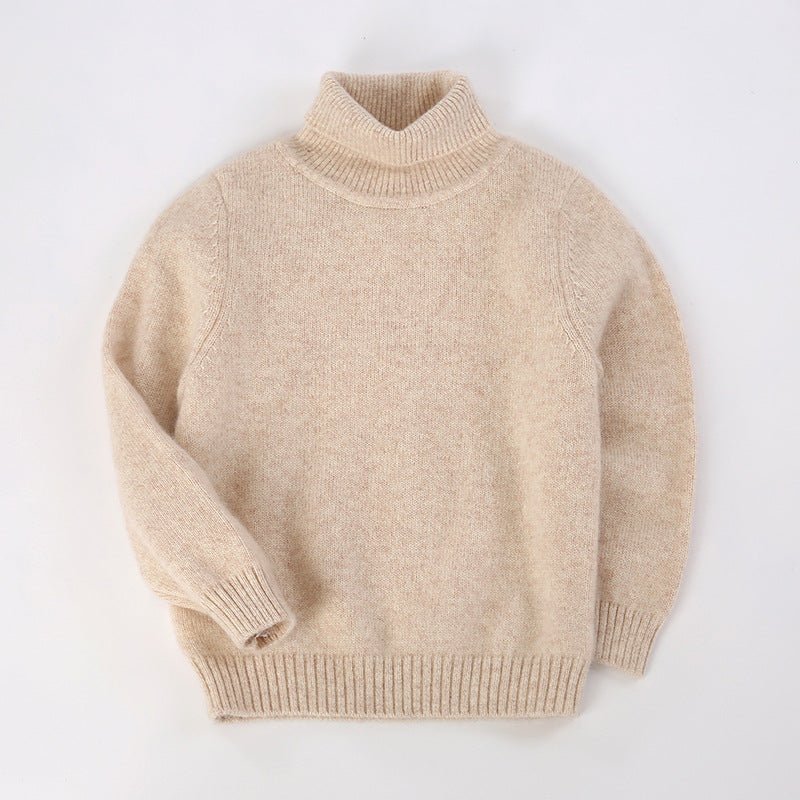 Kids Turtleneck Cashmere Sweater Long Sleeve Cashmere Pullover Ribbing Hem Beige 90