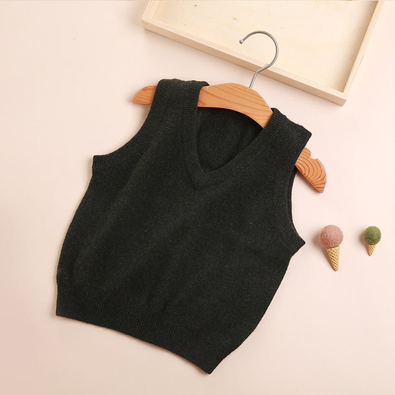 Kids V Neck Cashmere Sweater Sleeveless Cashmere Vest Ribbing Hem Dark Green 80