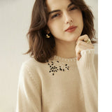 Lady Crew Neck Cashmere Sweater With Embroidered Contrast Stitch Trim