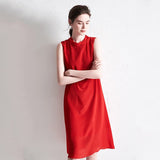 Ladies Red Sleeveless Dress Pure Color Silk Dress 100% Pure Mulberry Silk Dresses