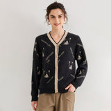 Lady Jacquard Knit Cashmere Cardigan Cat Pattern V Neck Cashmere Coat