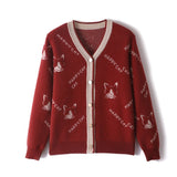 Lady Jacquard Knit Cashmere Cardigan Cat Pattern V Neck Cashmere Coat