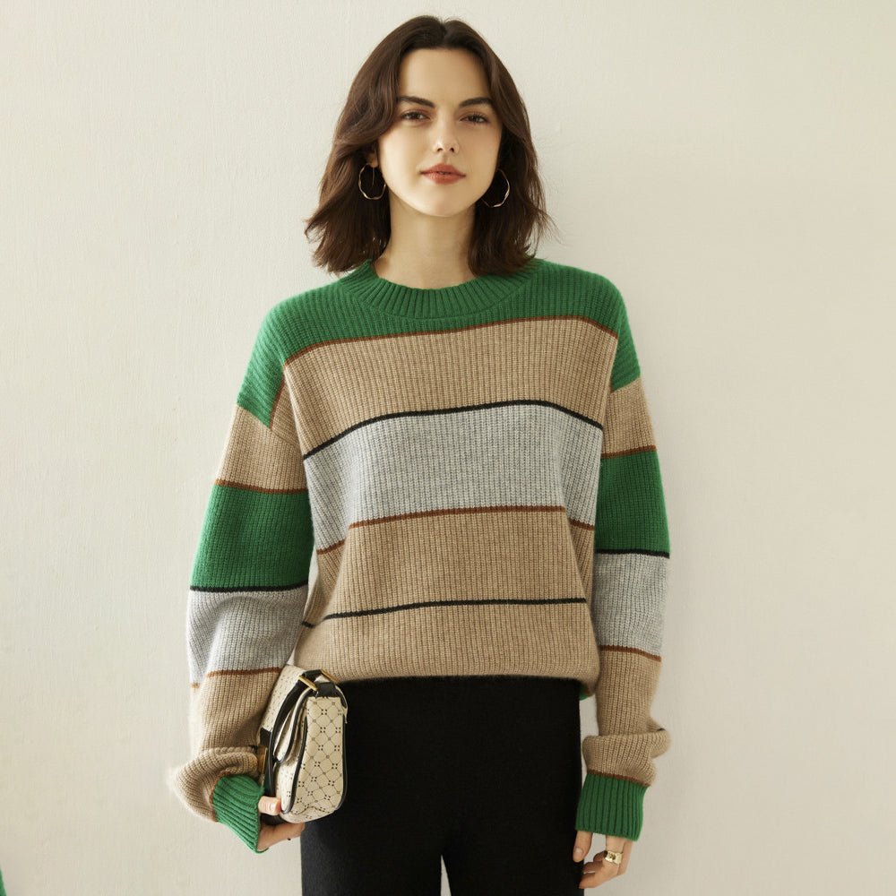 Lady Striped Cashmere Sweater Crewneck Colorblock Knit Drop Shoulder