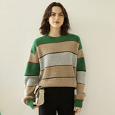 Lady Striped Cashmere Sweater Crewneck Colorblock Knit Drop Shoulder