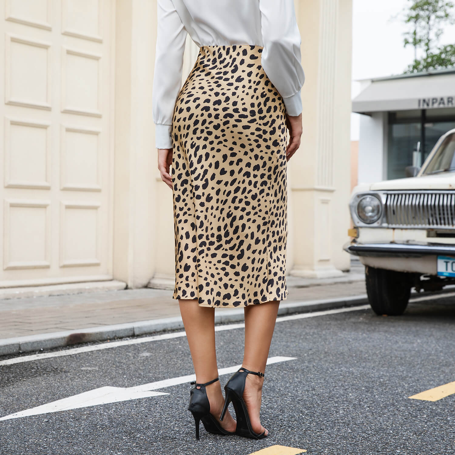 Leopard Print Silk Midi Skirt for Women High Waist Silk Dress Silk Pencil Skirt
