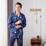 Long Galaxy Print Men Silk Pajama Set Luxury Silk Nightwear