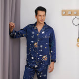 Long Galaxy Print Men Silk Pajama Set Luxury Silk Nightwear