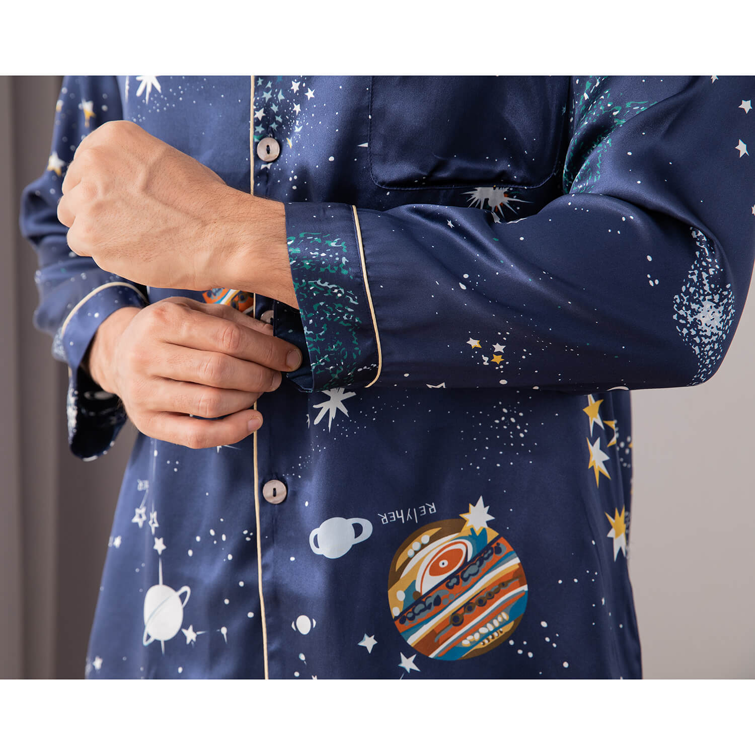 Long Galaxy Print Men Silk Pajama Set Luxury Silk Nightwear