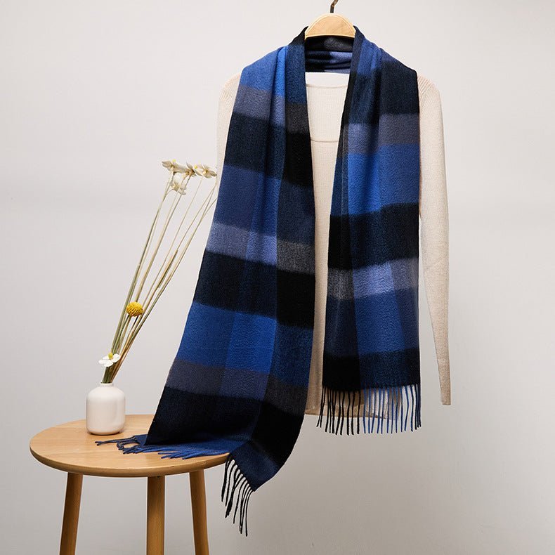 Long Plaid Cashmere Scarf With Tassel Winter Warps With Fringe