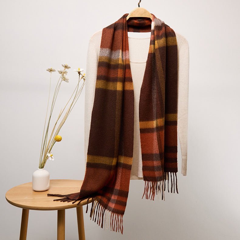 Long Plaid Cashmere Scarf With Tassel Winter Warps With Fringe