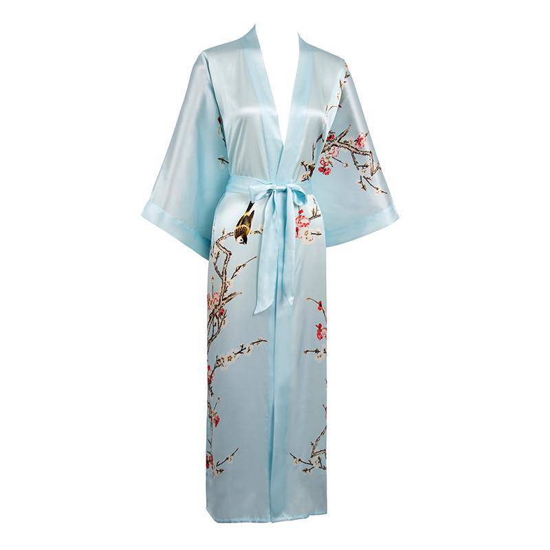 Long Silk Kimono For Women Cherry Blossom Printing Silk Robe