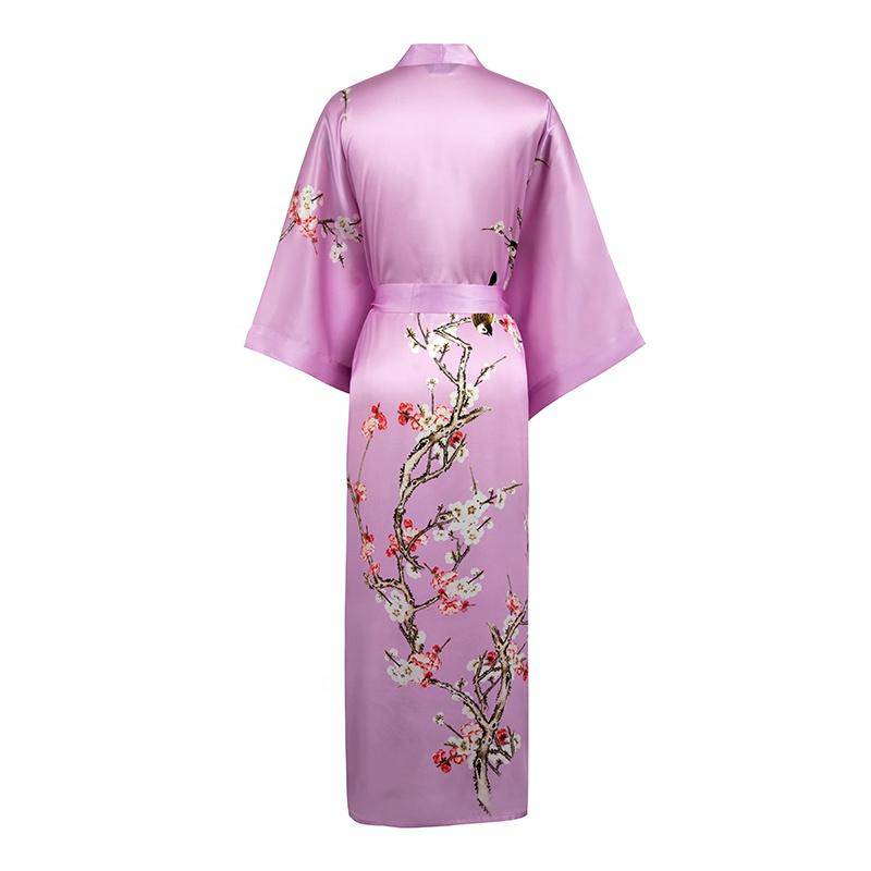 Long Silk Kimono For Women Cherry Blossom Printing Silk Robe