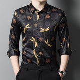 Long Sleeve Silk Shirts for Men Silk Dragonfly Print Dress Shirt
