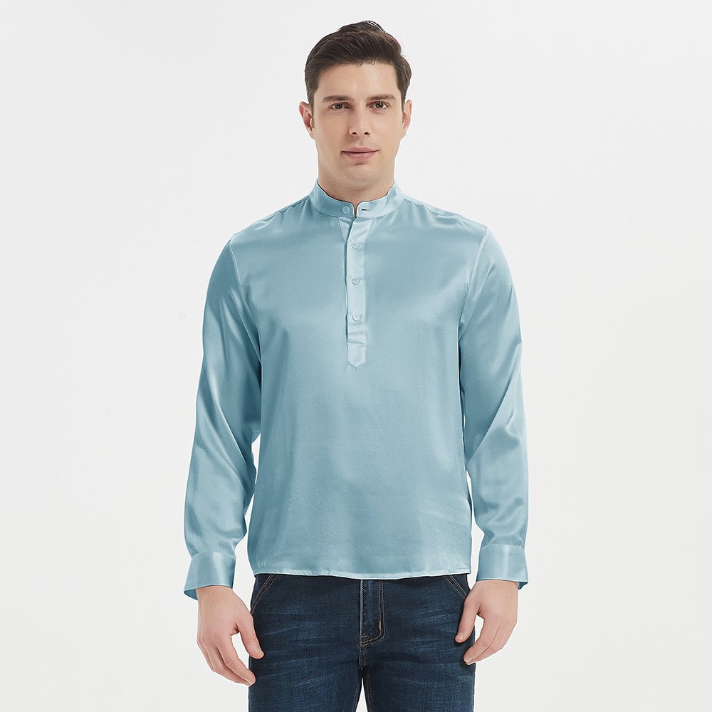 Luxury Silk Henley Shirts For Men Pure Silk Stand Collar Top