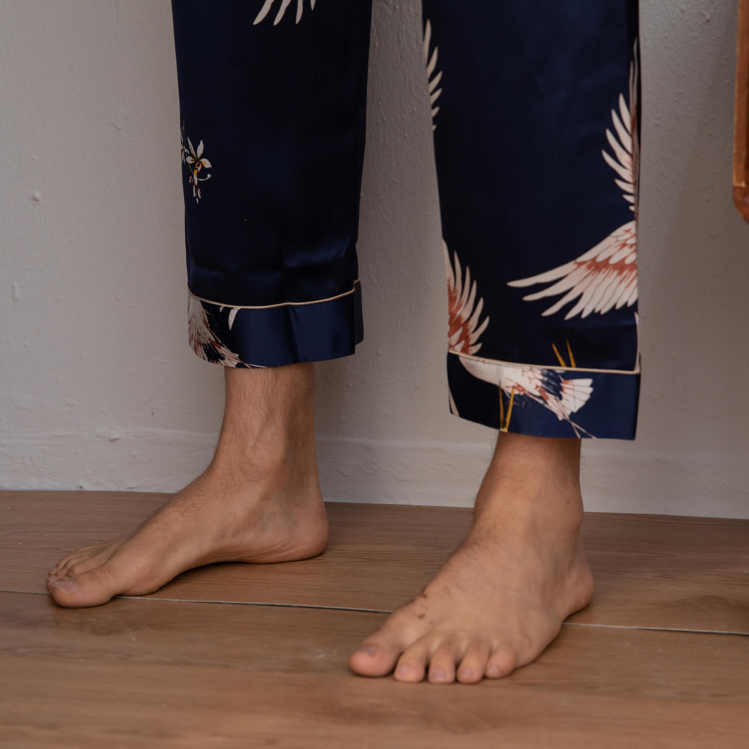 Men Crane Print Long Silk Pajamas Set Pure Silk Sleepwear