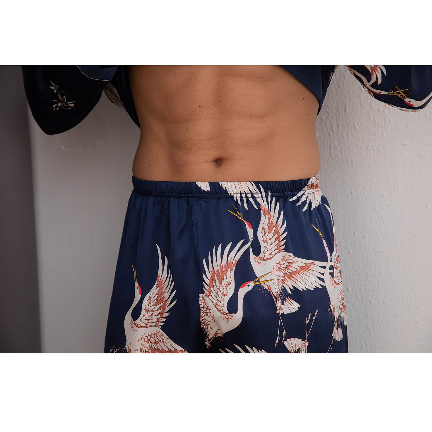 Men Crane Print Long Silk Pajamas Set Pure Silk Sleepwear