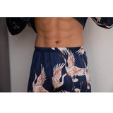Men Crane Print Long Silk Pajamas Set Pure Silk Sleepwear