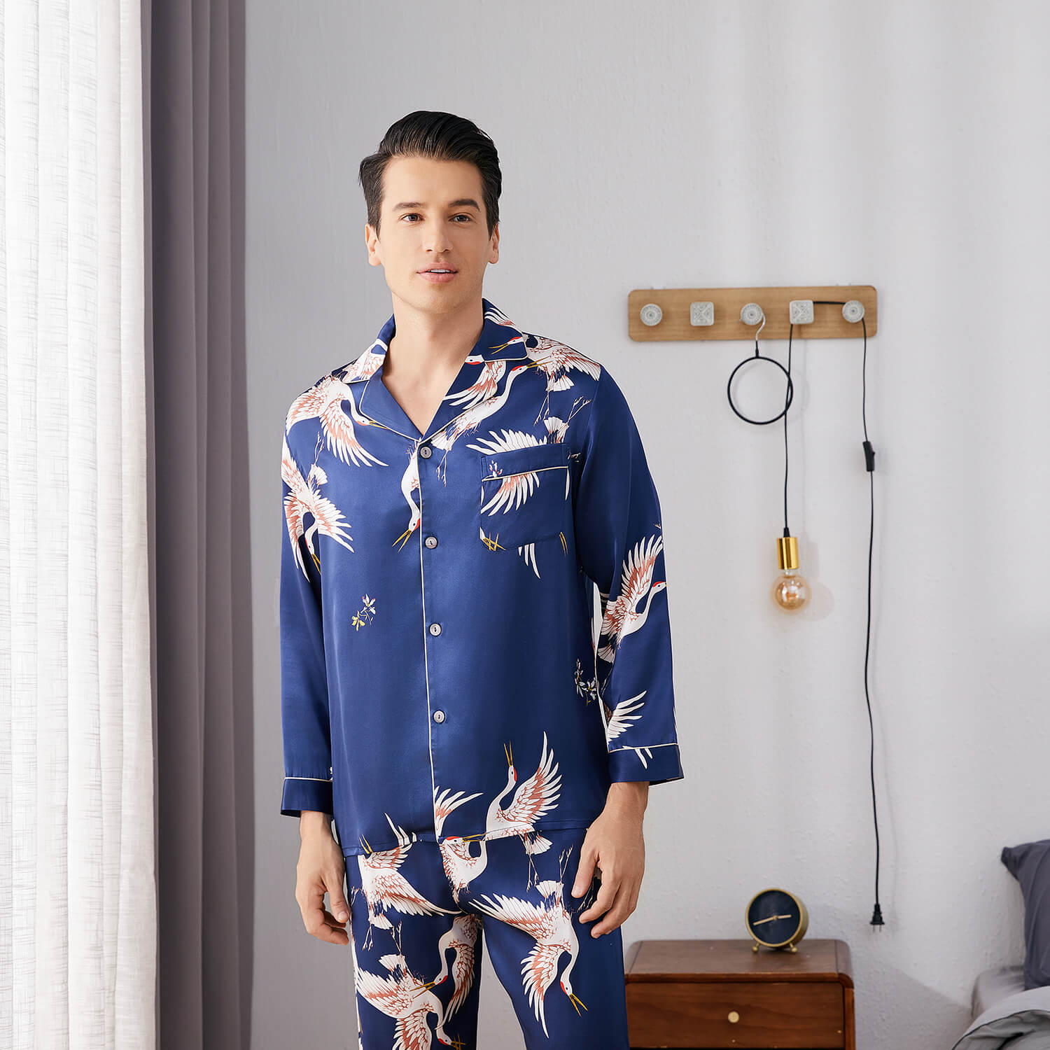 Men Crane Print Long Silk Pajamas Set Pure Silk Sleepwear
