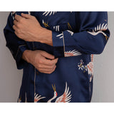 Men Crane Print Long Silk Pajamas Set Pure Silk Sleepwear