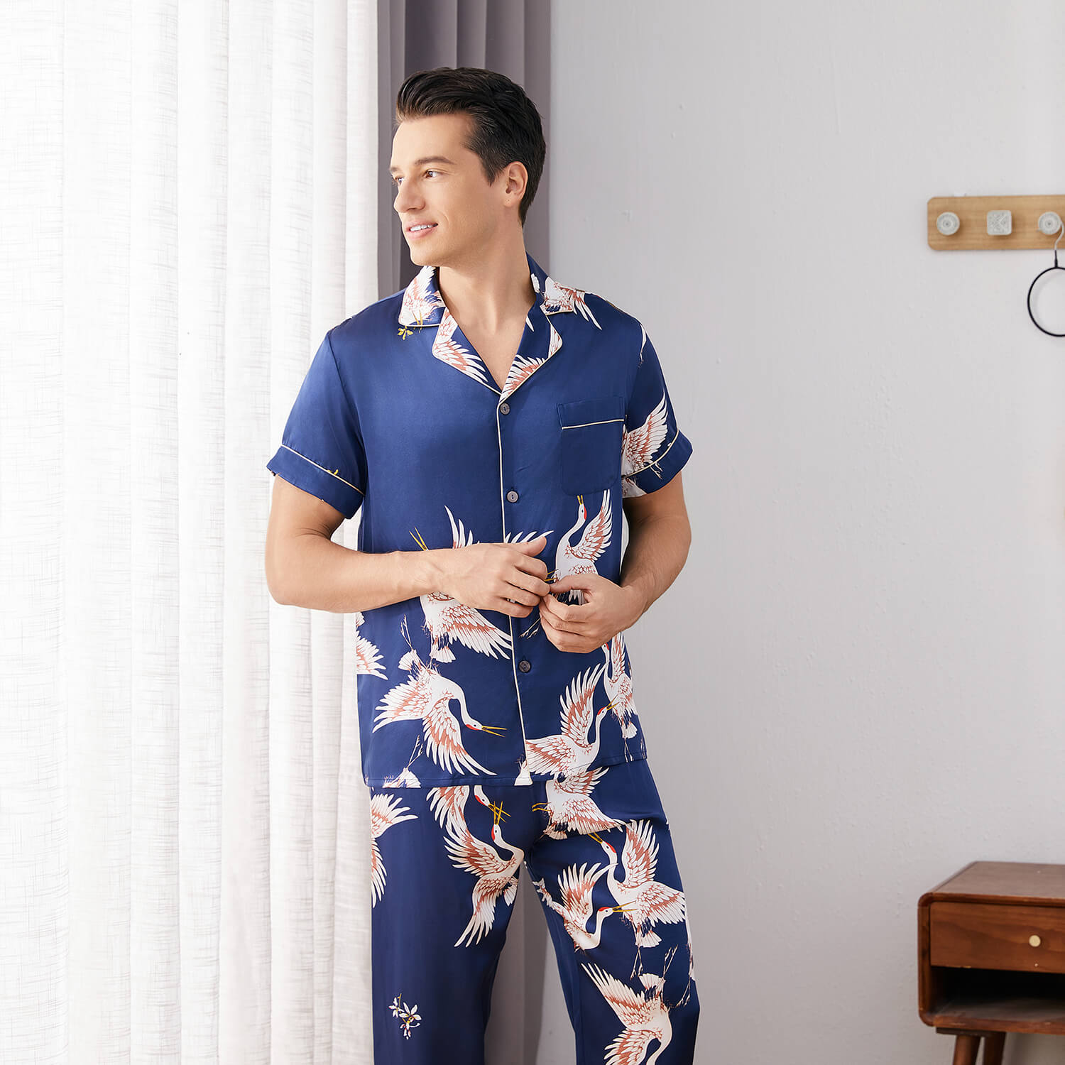 Mens Crane Print Silk Pajama Set 100% Mulberry Silk Sleepwear