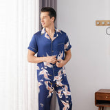 Mens Crane Print Silk Pajama Set 100% Mulberry Silk Sleepwear