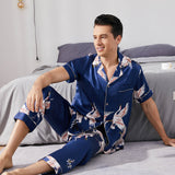 Mens Crane Print Silk Pajama Set 100% Mulberry Silk Sleepwear