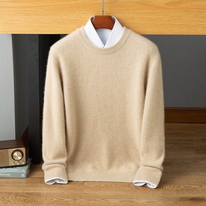 Mens Crew Neck Cashmere Sweater Long Sleeve Ribbed Hem Soft Knit Coat