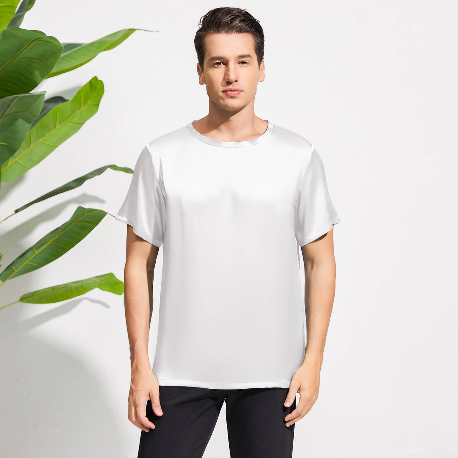 Mens Crew Neck Silk T Shirt Short Sleeve Silk Round Collar Tee