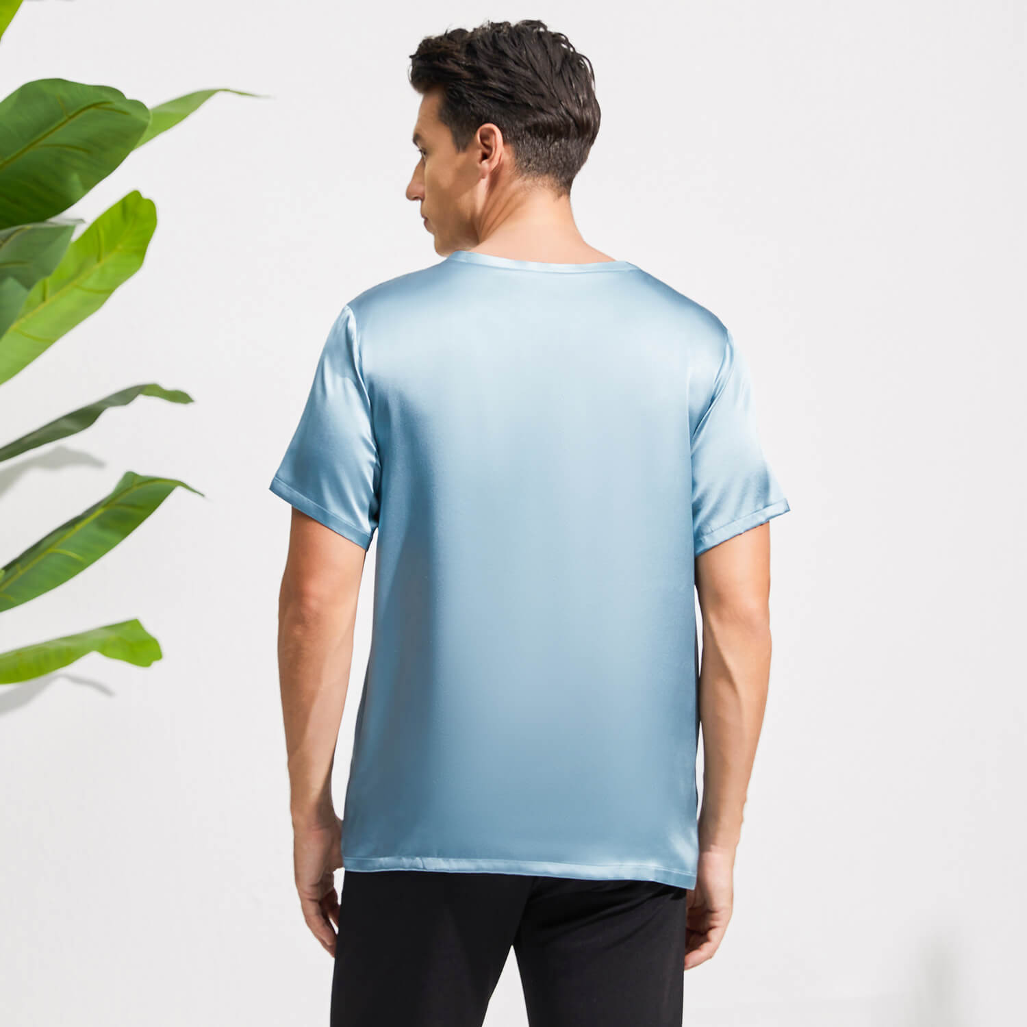 Mens Crew Neck Silk T Shirt Short Sleeve Silk Round Collar Tee