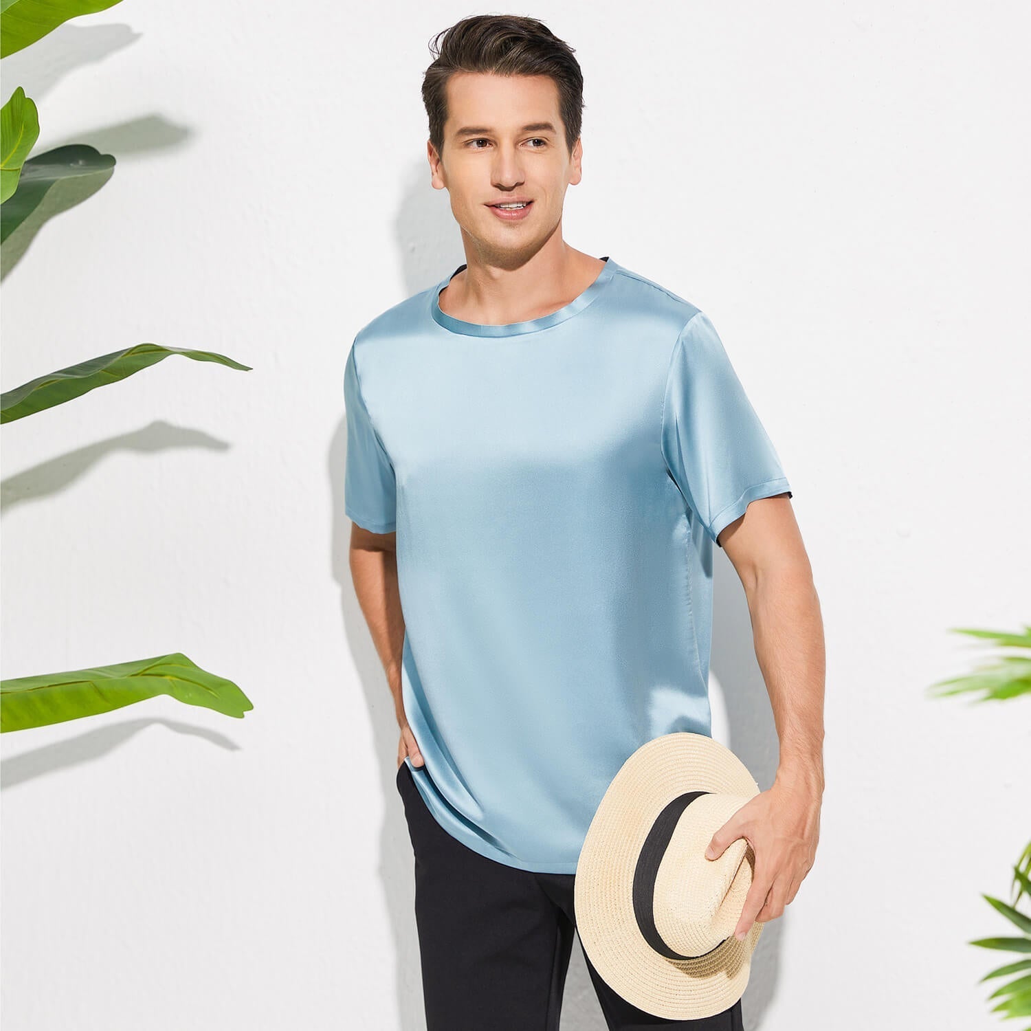 Mens Crew Neck Silk T Shirt Short Sleeve Silk Round Collar Tee