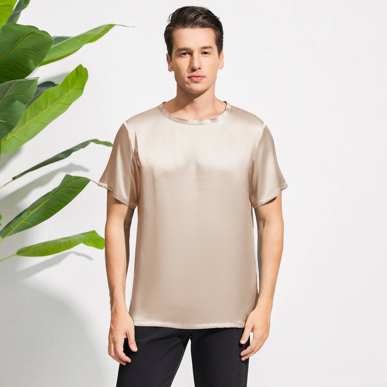 Mens Crew Neck Silk T Shirt Short Sleeve Silk Round Collar Tee