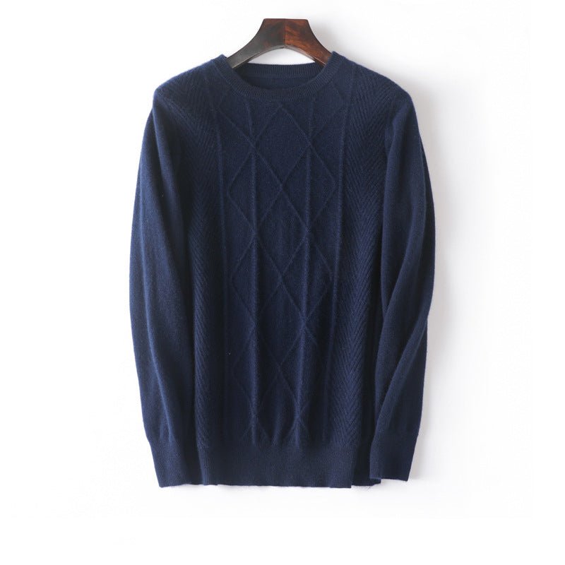 Mens Diamond Knit Pure Cashmere Sweater Crew Neck Tops Ribbed Hem
