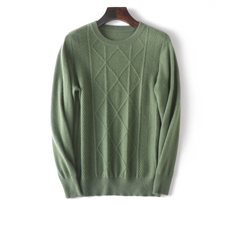 Mens Diamond Knit Pure Cashmere Sweater Crew Neck Tops Ribbed Hem