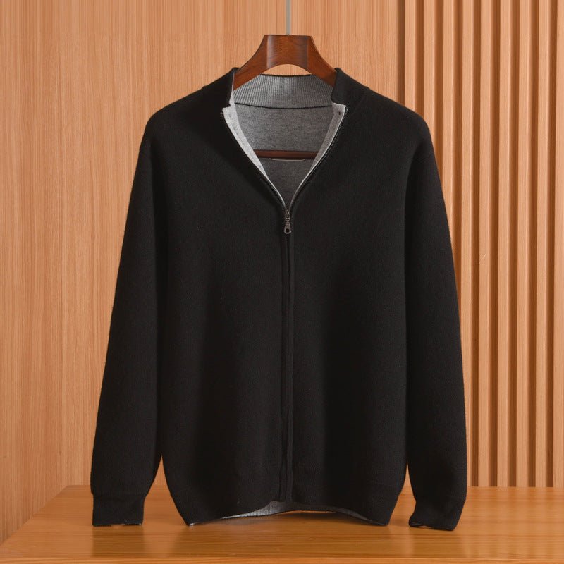 Mens Full - Zip Mock Neck Pure Cashmere Cardigan Stand Collar Cashmere Coat
