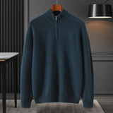 Mens Half - Zip Mock Neck Pure Cashmere Sweater Ribbed Collar Cashmere Pullover