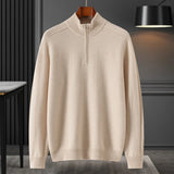 Mens Half - Zip Mock Neck Pure Cashmere Sweater Ribbed Collar Cashmere Pullover