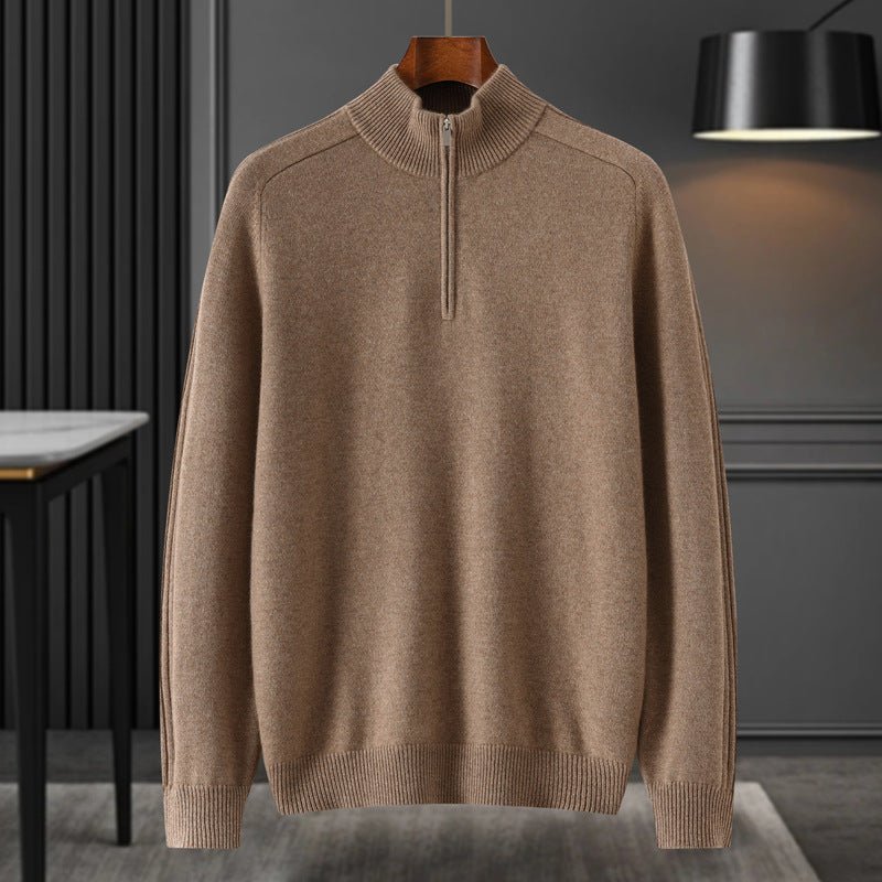 Mens Half - Zip Mock Neck Pure Cashmere Sweater Ribbed Collar Cashmere Pullover