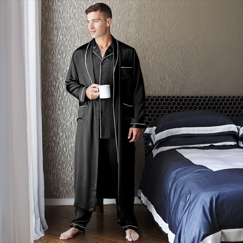 Mens Long Silk Pajamas & Robe Set Full Length Silk Sleepwear